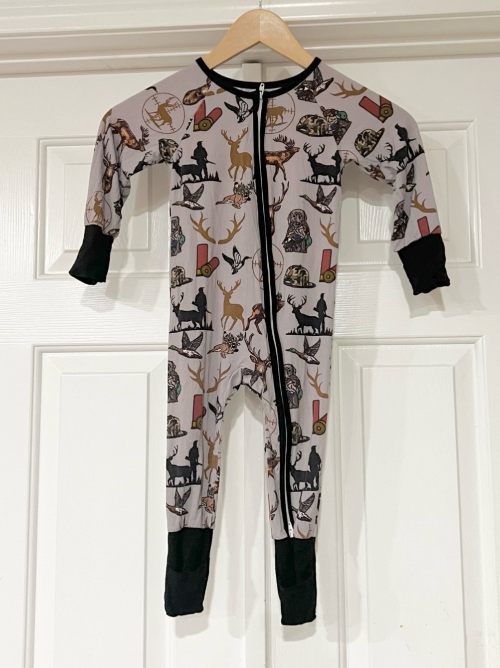 Bamboo Onesie Deer Woodland Print Zip One-Piece Pajamas with Black Trim